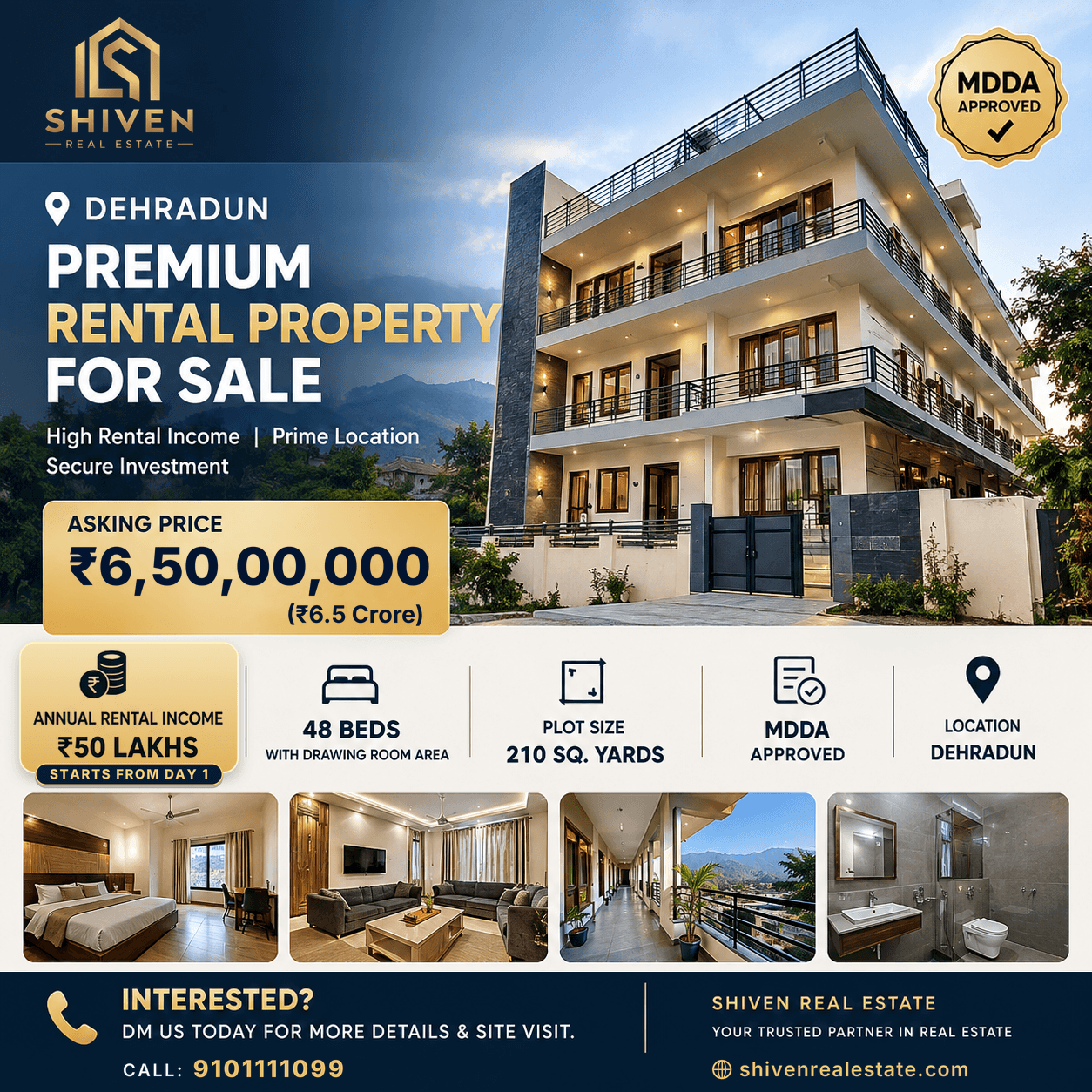 Premium rental property for sale flyer - 48-bed PG/hostel building, Dehradun, MDDA approved, Rs 6.5 Crore