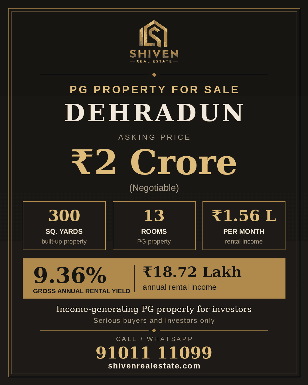 Shiven Real Estate marketing graphic for the 13-room PG property for sale in Dehradun, showing asking price, rental income and yield figures